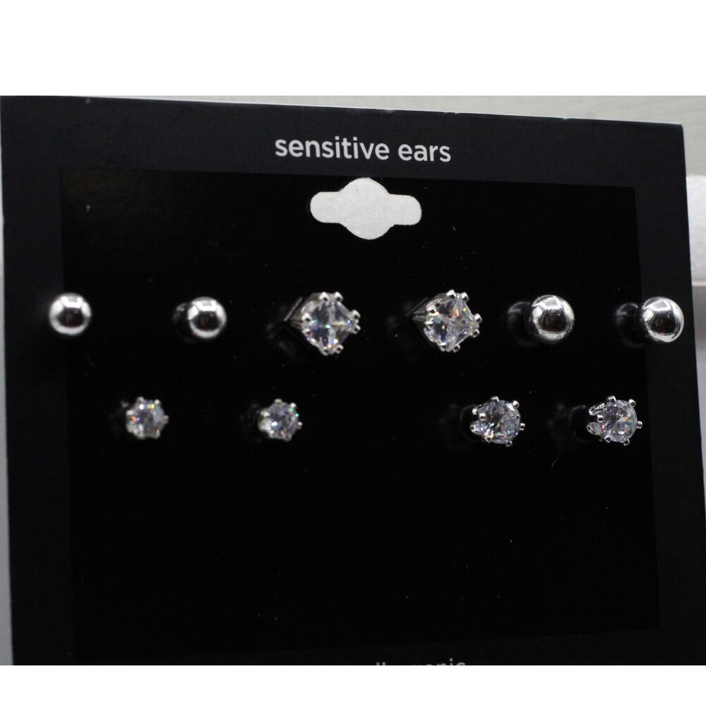 Silver Rhinestone Stud Post 5 Hypoallergenic Fashion Earrings Set ~ NEW